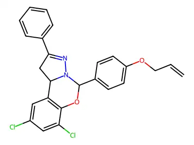 7,9-dichloro-2-phenyl-5-[4-(prop-2-en-1-yloxy)phenyl]-1,10b-dihydropyrazolo[1,5-c][1,3]benzoxazine structure