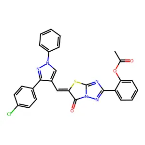 2-[(5Z)-5-{[3-(4-chlorophenyl)-1-phenyl-1H-pyrazol-4-yl]methylidene}-6-oxo-5,6-dihydro[1,3]thiazolo[3,2-b][1,2,4]triazol-2-yl]phenyl acetate structure