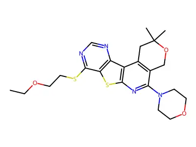 8-((2-ethoxyethyl)thio)-2,2-dimethyl-5-morpholino-2,4-dihydro-1H-pyrano[4'',3'':4',5']pyrido[3',2':4,5]thieno[3,2-d]pyrimidine structure