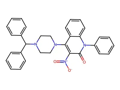 4-(4-benzhydrylpiperazin-1-yl)-3-nitro-1-phenylquinolin-2(1H)-one structure