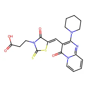 3-[(5Z)-4-oxo-5-{[4-oxo-2-(piperidin-1-yl)-4H-pyrido[1,2-a]pyrimidin-3-yl]methylidene}-2-thioxo-1,3-thiazolidin-3-yl]propanoic acid structure
