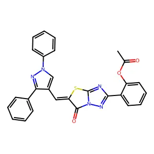 2-{(5Z)-5-[(1,3-diphenyl-1H-pyrazol-4-yl)methylidene]-6-oxo-5,6-dihydro[1,3]thiazolo[3,2-b][1,2,4]triazol-2-yl}phenyl acetate structure