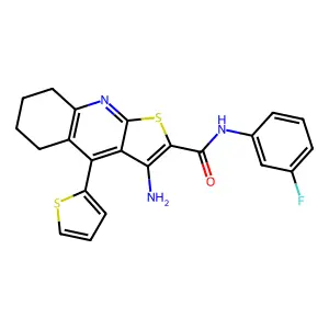 3-amino-N-(3-fluorophenyl)-4-(thiophen-2-yl)-5,6,7,8-tetrahydrothieno[2,3-b]quinoline-2-carboxamide structure