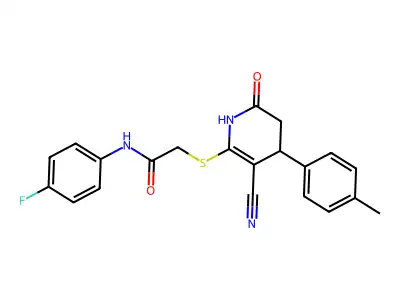 2-((3-cyano-6-oxo-4-(p-tolyl)-1,4,5,6-tetrahydropyridin-2-yl)thio)-N-(4-fluorophenyl)acetamide structure