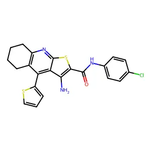 3-amino-N-(4-chlorophenyl)-4-(thiophen-2-yl)-5,6,7,8-tetrahydrothieno[2,3-b]quinoline-2-carboxamide structure
