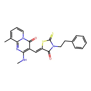 9-methyl-2-(methylamino)-3-{(Z)-[4-oxo-3-(2-phenylethyl)-2-thioxo-1,3-thiazolidin-5-ylidene]methyl}-4H-pyrido[1,2-a]pyrimidin-4-one structure
