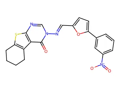 3-[(E)-[5-(3-nitrophenyl)furan-2-yl]methylideneamino]-5,6,7,8-tetrahydro-[1]benzothiolo[2,3-d]pyrimidin-4-one structure