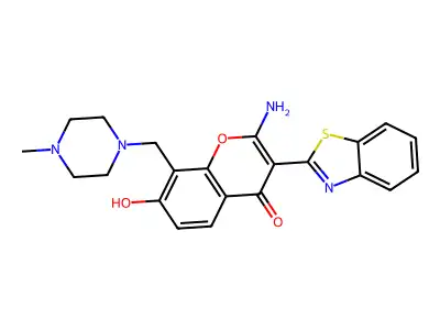 2-amino-3-(1,3-benzothiazol-2-yl)-7-hydroxy-8-[(4-methylpiperazin-1-yl)methyl]chromen-4-one structure