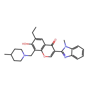 6-ethyl-7-hydroxy-3-(1-methyl-1H-benzo[d]imidazol-2-yl)-8-((4-methylpiperidin-1-yl)methyl)-4H-chromen-4-one structure