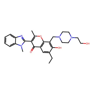 6-ethyl-7-hydroxy-8-((4-(2-hydroxyethyl)piperazin-1-yl)methyl)-2-methyl-3-(1-methyl-1H-benzo[d]imidazol-2-yl)-4H-chromen-4-one structure