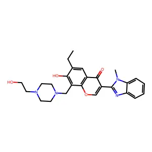 6-ethyl-7-hydroxy-8-((4-(2-hydroxyethyl)piperazin-1-yl)methyl)-3-(1-methyl-1H-benzo[d]imidazol-2-yl)-4H-chromen-4-one structure