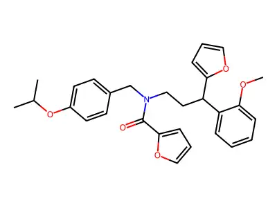N-[3-(furan-2-yl)-3-(2-methoxyphenyl)propyl]-N-[(4-propan-2-yloxyphenyl)methyl]furan-2-carboxamide structure