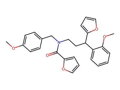N-[3-(furan-2-yl)-3-(2-methoxyphenyl)propyl]-N-[(4-methoxyphenyl)methyl]furan-2-carboxamide structure