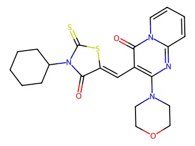 3-[(Z)-(3-cyclohexyl-4-oxo-2-thioxo-1,3-thiazolidin-5-ylidene)methyl]-2-(morpholin-4-yl)-4H-pyrido[1,2-a]pyrimidin-4-one structure