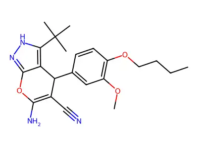 6-amino-4-(4-butoxy-3-methoxyphenyl)-3-tert-butyl-2,4-dihydropyrano[2,3-c]pyrazole-5-carbonitrile structure