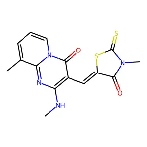 9-methyl-2-(methylamino)-3-[(Z)-(3-methyl-4-oxo-2-thioxo-1,3-thiazolidin-5-ylidene)methyl]-4H-pyrido[1,2-a]pyrimidin-4-one structure