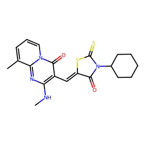 3-[(Z)-(3-cyclohexyl-4-oxo-2-thioxo-1,3-thiazolidin-5-ylidene)methyl]-9-methyl-2-(methylamino)-4H-pyrido[1,2-a]pyrimidin-4-one structure