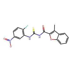 N-[(2-fluoro-5-nitrophenyl)carbamothioyl]-3-methyl-1-benzofuran-2-carboxamide structure