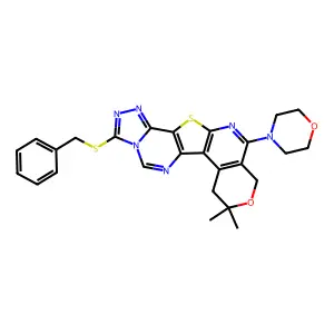 3-(benzylthio)-8,8-dimethyl-11-morpholino-8,10-dihydro-7H-pyrano[4'',3'':4',5']pyrido[3',2':4,5]thieno[2,3-e][1,2,4]triazolo[4,3-c]pyrimidine structure