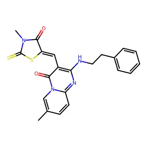 7-methyl-3-[(Z)-(3-methyl-4-oxo-2-thioxo-1,3-thiazolidin-5-ylidene)methyl]-2-[(2-phenylethyl)amino]-4H-pyrido[1,2-a]pyrimidin-4-one structure