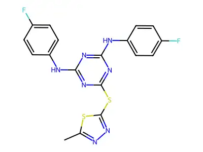 N,N'-bis(4-fluorophenyl)-6-[(5-methyl-1,3,4-thiadiazol-2-yl)sulfanyl]-1,3,5-triazine-2,4-diamine structure