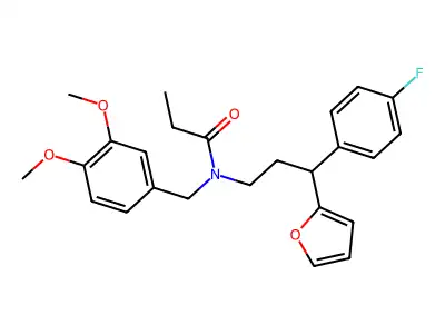 N-[(3,4-dimethoxyphenyl)methyl]-N-[3-(4-fluorophenyl)-3-(furan-2-yl)propyl]propanamide structure