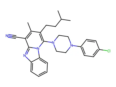 1-[4-(4-chlorophenyl)piperazin-1-yl]-3-methyl-2-(3-methylbutyl)pyrido[1,2-a]benzimidazole-4-carbonitrile structure