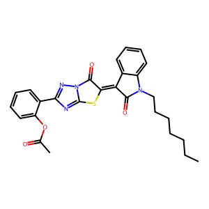 2-[(5Z)-5-(1-heptyl-2-oxo-1,2-dihydro-3H-indol-3-ylidene)-6-oxo-5,6-dihydro[1,3]thiazolo[3,2-b][1,2,4]triazol-2-yl]phenyl acetate structure