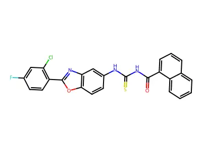 N-[[2-(2-chloro-4-fluorophenyl)-1,3-benzoxazol-5-yl]carbamothioyl]naphthalene-1-carboxamide structure