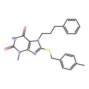 3-methyl-8-((4-methylbenzyl)thio)-7-(3-phenylpropyl)-1H-purine-2,6(3H,7H)-dione structure