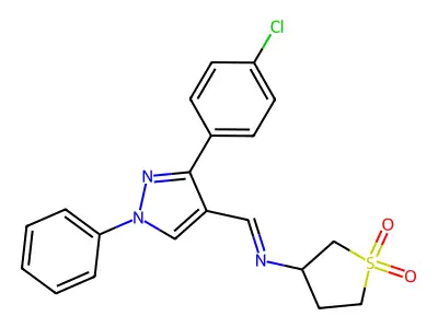 N-{(E)-[3-(4-chlorophenyl)-1-phenyl-1H-pyrazol-4-yl]methylidene}tetrahydrothiophen-3-amine 1,1-dioxide structure