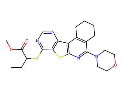 methyl 2-((5-morpholino-1,2,3,4-tetrahydropyrimido[4',5':4,5]thieno[2,3-c]isoquinolin-8-yl)thio)butanoate structure