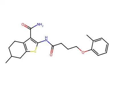 6-methyl-2-{[4-(2-methylphenoxy)butanoyl]amino}-4,5,6,7-tetrahydro-1-benzothiophene-3-carboxamide structure