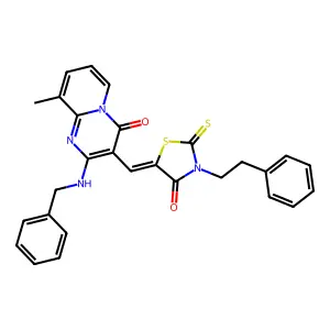 2-(benzylamino)-9-methyl-3-{(Z)-[4-oxo-3-(2-phenylethyl)-2-thioxo-1,3-thiazolidin-5-ylidene]methyl}-4H-pyrido[1,2-a]pyrimidin-4-one structure