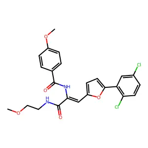 N-{(1Z)-1-[5-(2,5-dichlorophenyl)furan-2-yl]-3-[(2-methoxyethyl)amino]-3-oxoprop-1-en-2-yl}-4-methoxybenzamide structure
