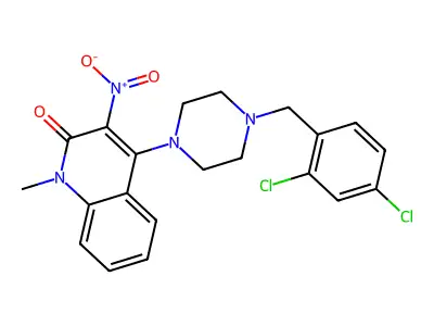 4-[4-[(2,4-Dichlorophenyl)methyl]piperazin-1-yl]-1-methyl-3-nitroquinolin-2-one structure
