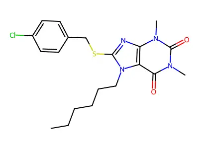 8-((4-chlorobenzyl)thio)-7-hexyl-1,3-dimethyl-1H-purine-2,6(3H,7H)-dione structure