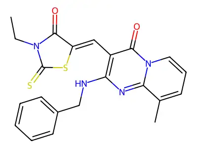 2-(benzylamino)-3-[(Z)-(3-ethyl-4-oxo-2-thioxo-1,3-thiazolidin-5-ylidene)methyl]-9-methyl-4H-pyrido[1,2-a]pyrimidin-4-one structure