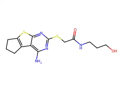 2-(4-amino(5,6,7-trihydrocyclopenta[1,2-d]pyrimidino[4,5-b]thiophen-2-ylthio))-N-(3-hydroxypropyl)acetamide structure
