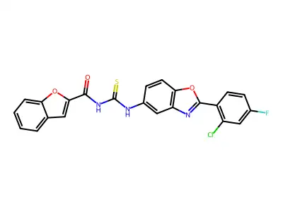 N-[[2-(2-chloro-4-fluorophenyl)-1,3-benzoxazol-5-yl]carbamothioyl]-1-benzofuran-2-carboxamide structure