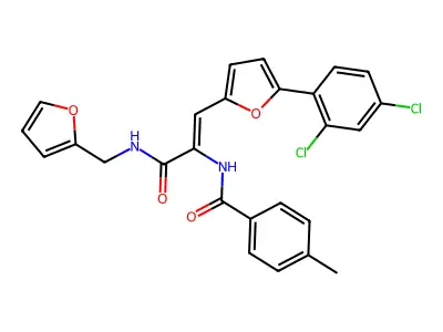 N-{(1Z)-1-[5-(2,4-dichlorophenyl)furan-2-yl]-3-[(furan-2-ylmethyl)amino]-3-oxoprop-1-en-2-yl}-4-methylbenzamide structure