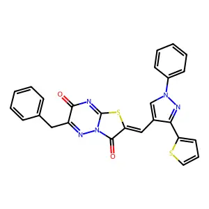 (2E)-6-benzyl-2-{[1-phenyl-3-(thiophen-2-yl)-1H-pyrazol-4-yl]methylidene}-7H-[1,3]thiazolo[3,2-b][1,2,4]triazine-3,7(2H)-dione structure