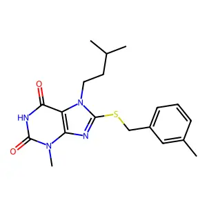 7-isopentyl-3-methyl-8-((3-methylbenzyl)thio)-1H-purine-2,6(3H,7H)-dione structure