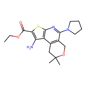 ethyl 1-amino-8,8-dimethyl-5-(pyrrolidin-1-yl)-8,9-dihydro-6H-pyrano[4,3-d]thieno[2,3-b]pyridine-2-carboxylate structure