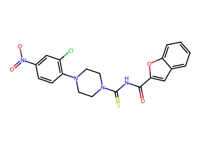 N-[4-(2-chloro-4-nitrophenyl)piperazine-1-carbothioyl]-1-benzofuran-2-carboxamide structure