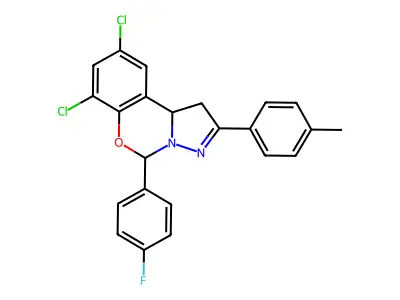 7,9-dichloro-5-(4-fluorophenyl)-2-(4-methylphenyl)-1,10b-dihydropyrazolo[1,5-c][1,3]benzoxazine structure