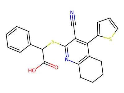 2-[(3-cyano-4-thiophen-2-yl-5,6,7,8-tetrahydroquinolin-2-yl)sulfanyl]-2-phenylacetic acid structure