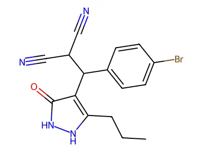 2-[(4-bromophenyl)(3-hydroxy-5-propyl-1H-pyrazol-4-yl)methyl]malononitrile structure