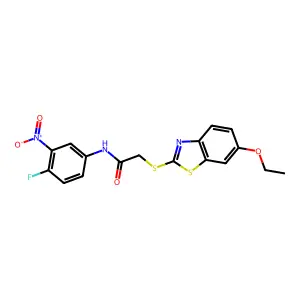 2-[(6-ethoxy-1,3-benzothiazol-2-yl)sulfanyl]-N-(4-fluoro-3-nitrophenyl)acetamide structure