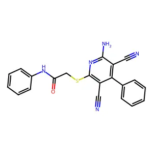 2-((6-amino-3,5-dicyano-4-phenylpyridin-2-yl)thio)-N-phenylacetamide structure
